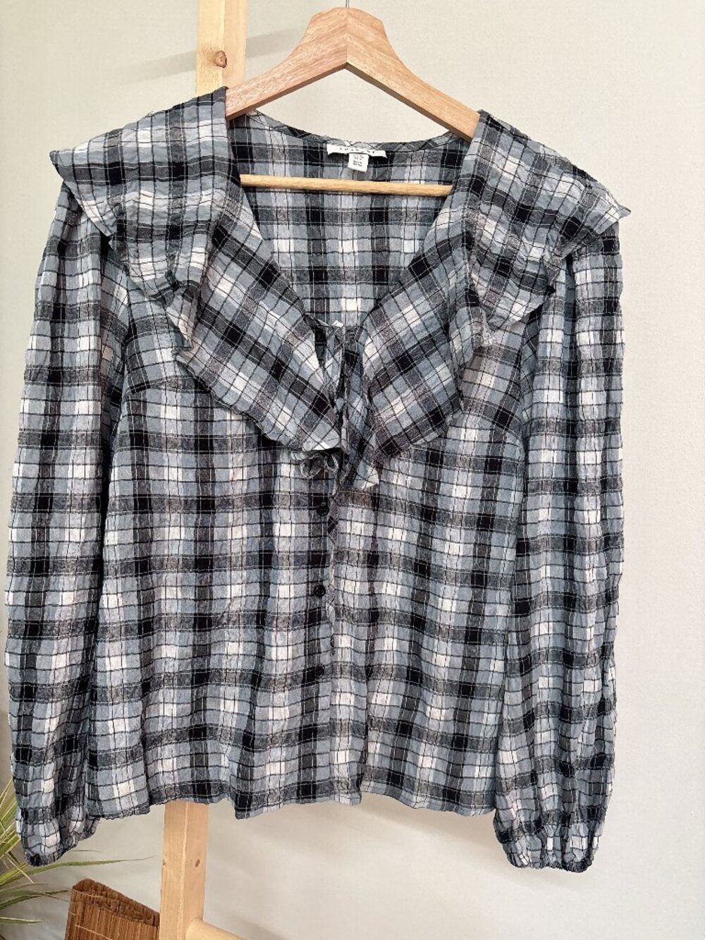 Topshop Plaid Ruffle Collar Blouse